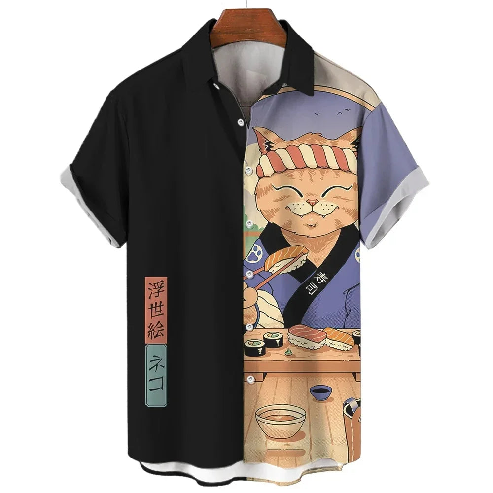 Vintage Pop Art Gun Cat Hawaiian Shirt Multi Style Optional Men US Retro Korean Loose Tropical Cuba Collar Shirts