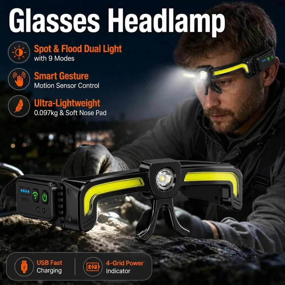 Auto Maintenance Workshop Multifunctional Light Flood Dual Beam Hands-Free Mechanic Headlamp Rechargeable LED Glasses Work Light