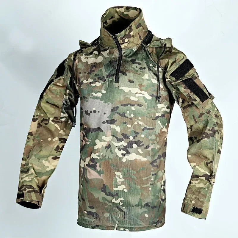 Tactical Combat Shirts 1/4 Zipper Long Sleeve Tactical Shirts Men Clothing Rip Stop Cotton Camo T Shirt Tops Wear-resisting