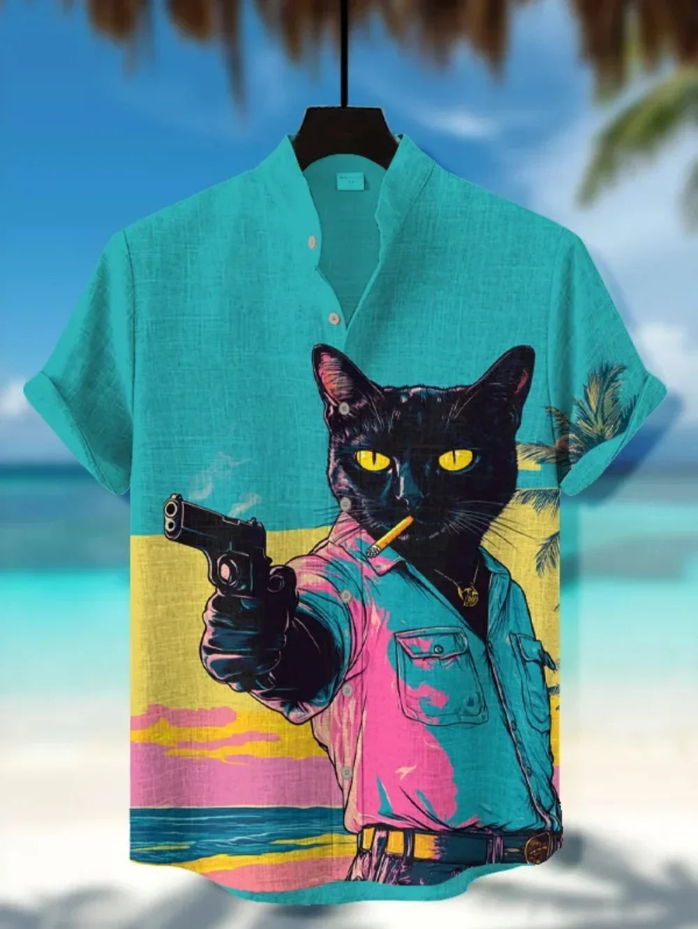 Vintage Pop Art Gun Cat Hawaiian Shirt Multi Style Optional Men US Retro Korean Loose Tropical Cuba Collar Shirts