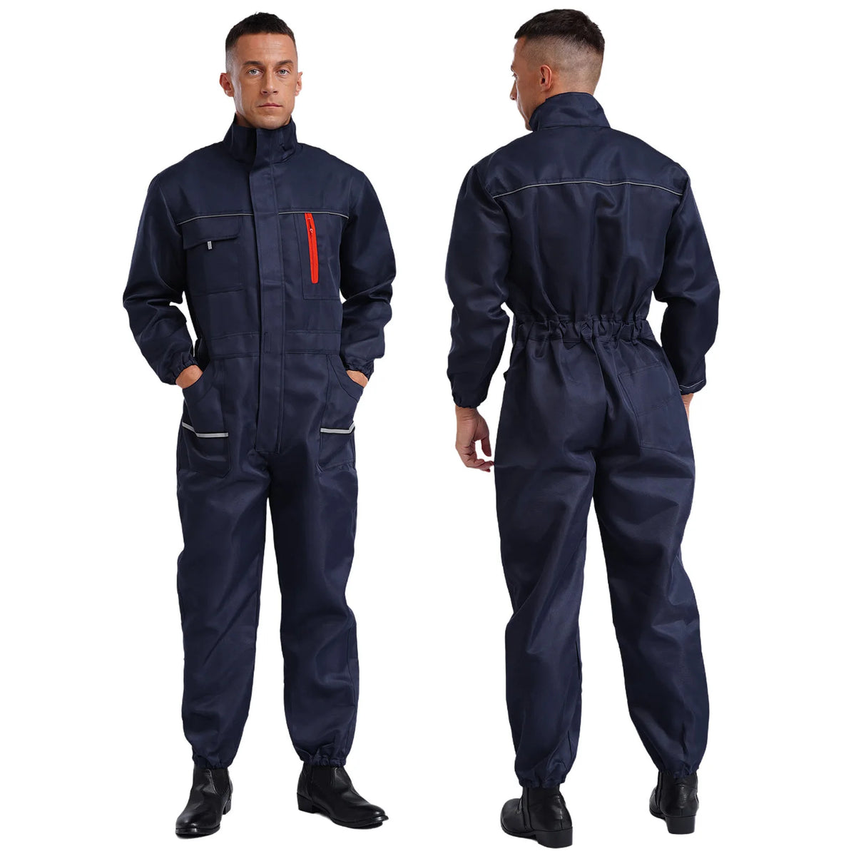 Mens Adults Resistant Coveralls Work Uniforms Stand Collar Long Sleeve Multi-pockets Reflective Stripes Overall Jumpsuit