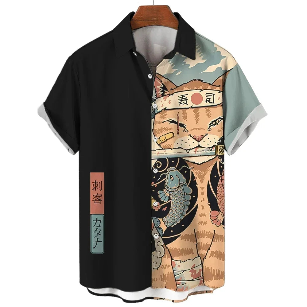 Vintage Pop Art Gun Cat Hawaiian Shirt Multi Style Optional Men US Retro Korean Loose Tropical Cuba Collar Shirts